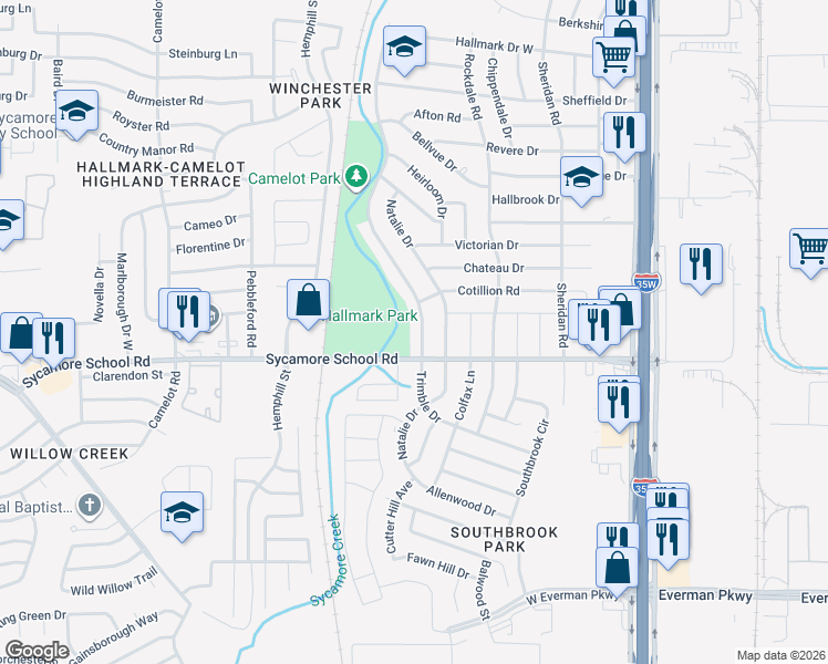 map of restaurants, bars, coffee shops, grocery stores, and more near 7816 Trimble Drive in Fort Worth