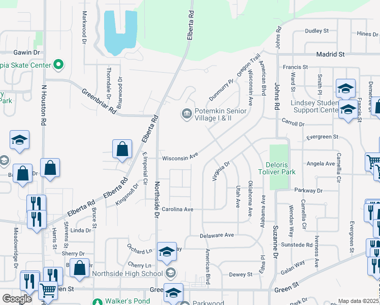 map of restaurants, bars, coffee shops, grocery stores, and more near 111 Wisconsin Avenue in Warner Robins