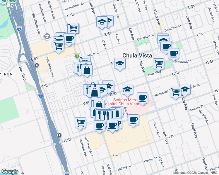 map of restaurants, bars, coffee shops, grocery stores, and more near Park Way in Chula Vista
