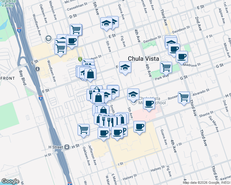 map of restaurants, bars, coffee shops, grocery stores, and more near 537 G Street in Chula Vista