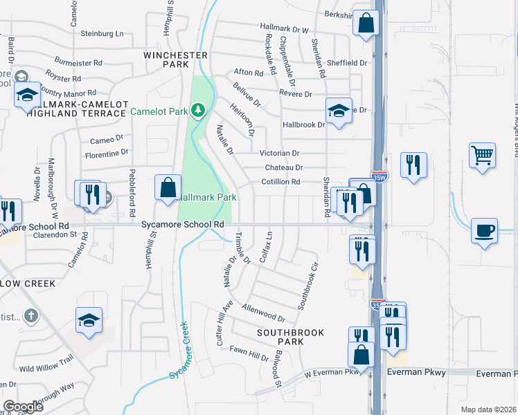 map of restaurants, bars, coffee shops, grocery stores, and more near 7821 Natalie Drive in Fort Worth