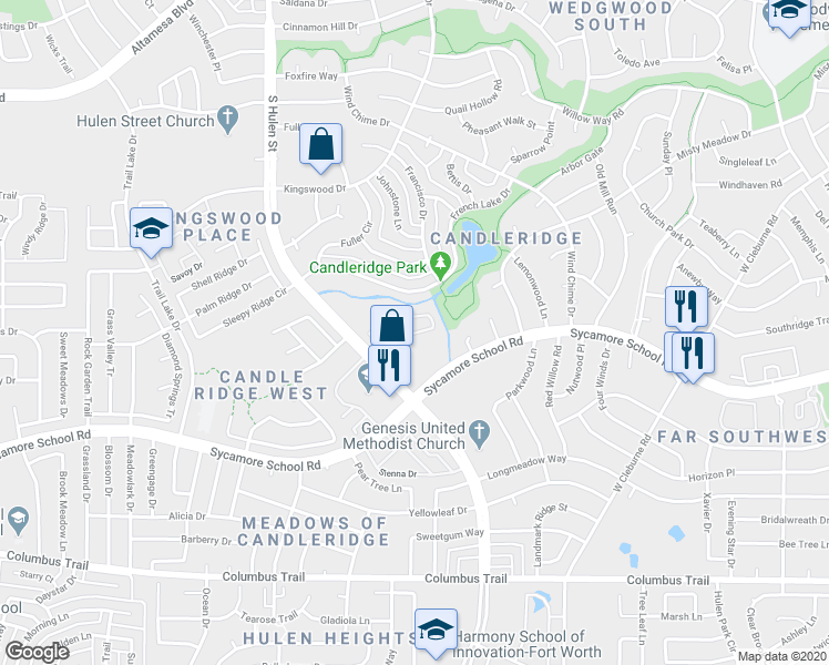 map of restaurants, bars, coffee shops, grocery stores, and more near 7448 Candleridge Circle in Fort Worth