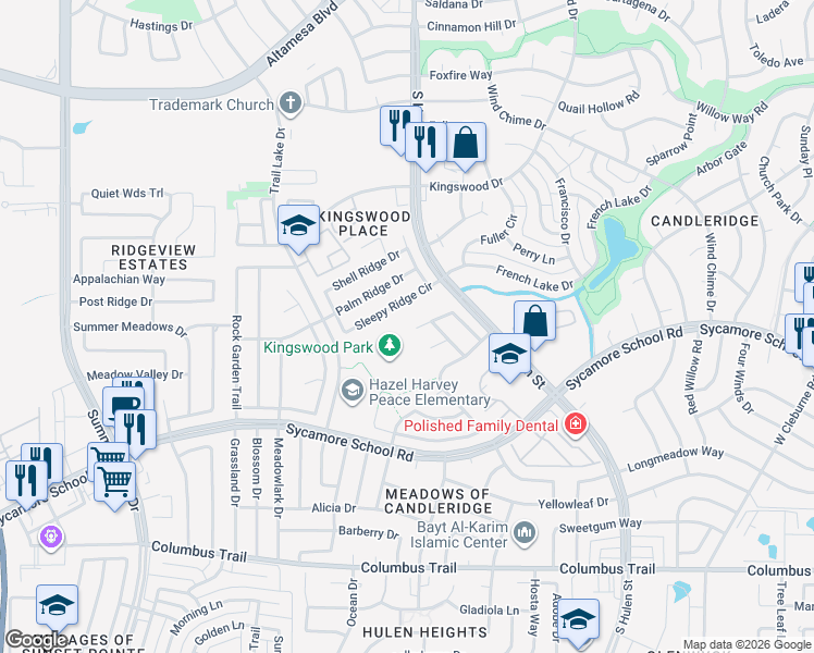 map of restaurants, bars, coffee shops, grocery stores, and more near 4677 Cool Ridge Court in Fort Worth