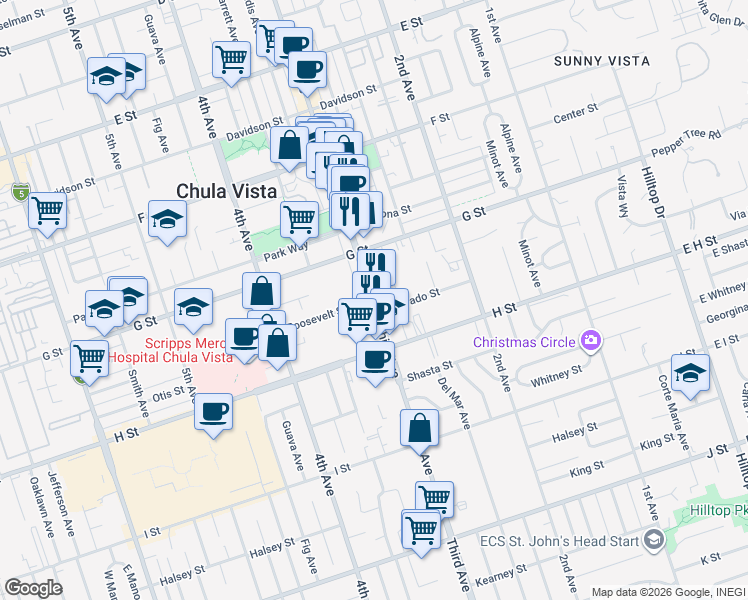 map of restaurants, bars, coffee shops, grocery stores, and more near 3rd Ave & Roosevelt St in Chula Vista