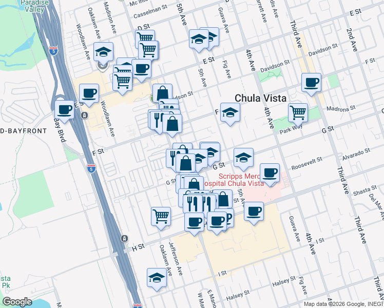 map of restaurants, bars, coffee shops, grocery stores, and more near 576 Park Way in Chula Vista
