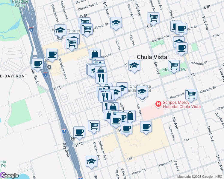 map of restaurants, bars, coffee shops, grocery stores, and more near 569 Park Way in Chula Vista