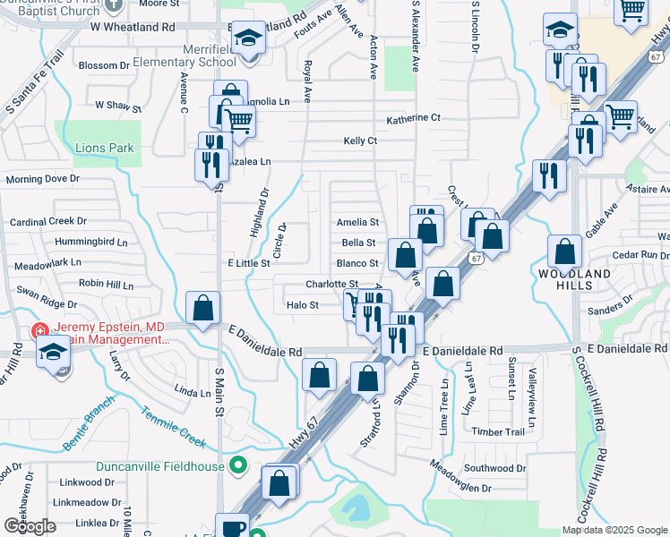 map of restaurants, bars, coffee shops, grocery stores, and more near 402 Blanco Street in Duncanville
