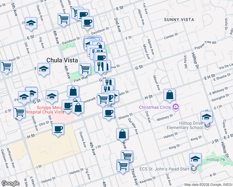 map of restaurants, bars, coffee shops, grocery stores, and more near 268 Alvarado Street in Chula Vista