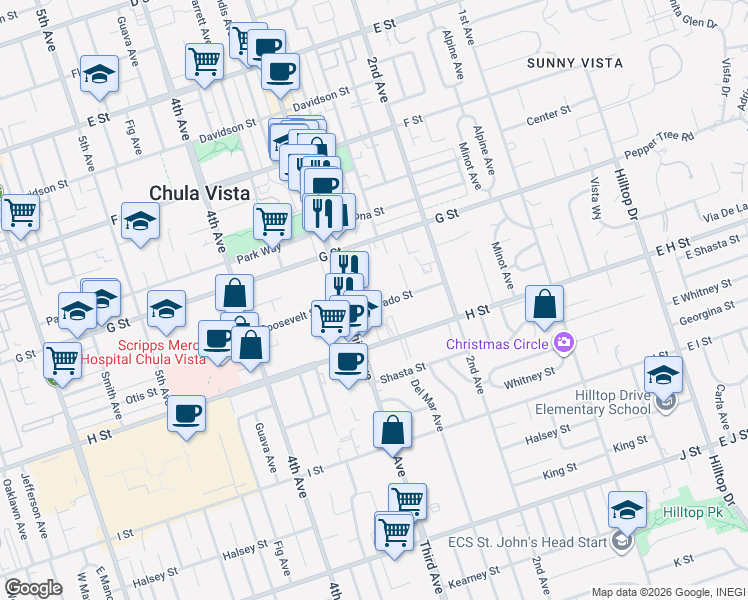 map of restaurants, bars, coffee shops, grocery stores, and more near 268 Alvarado Street in Chula Vista
