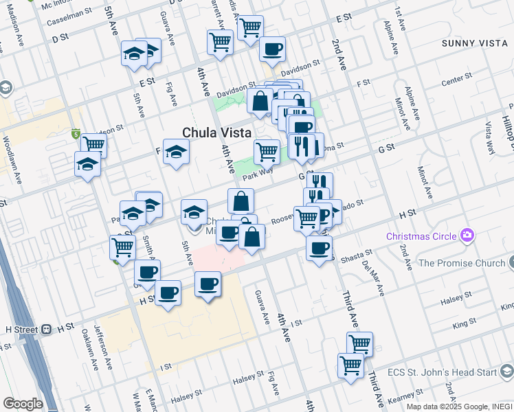 map of restaurants, bars, coffee shops, grocery stores, and more near 377 Roosevelt Street in Chula Vista
