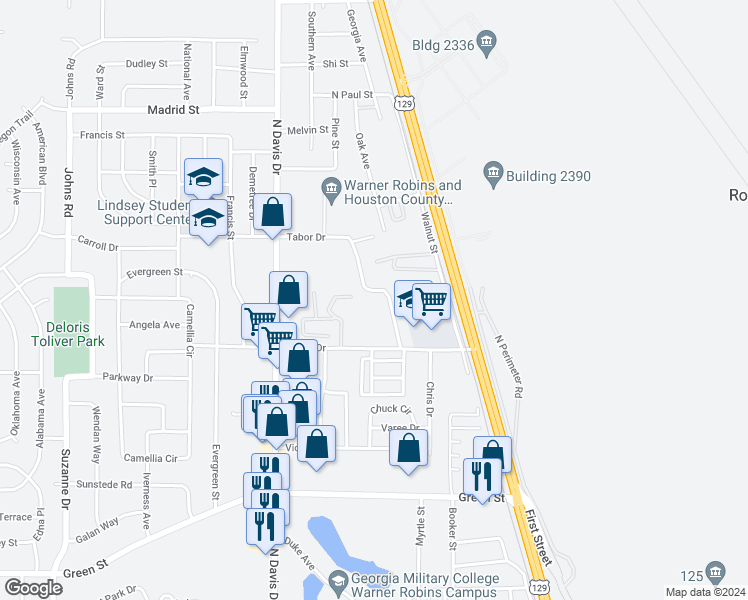 map of restaurants, bars, coffee shops, grocery stores, and more near 220 Tabor Drive in Warner Robins