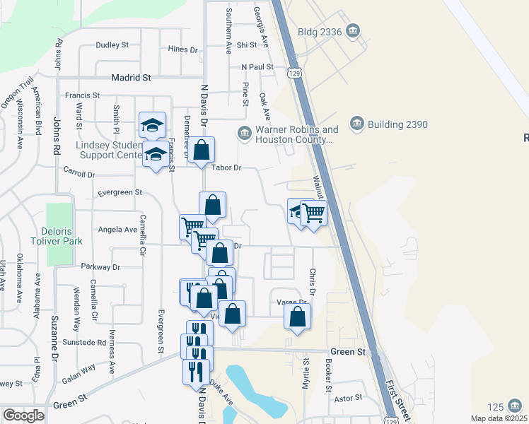 map of restaurants, bars, coffee shops, grocery stores, and more near 220 Tabor Drive in Warner Robins