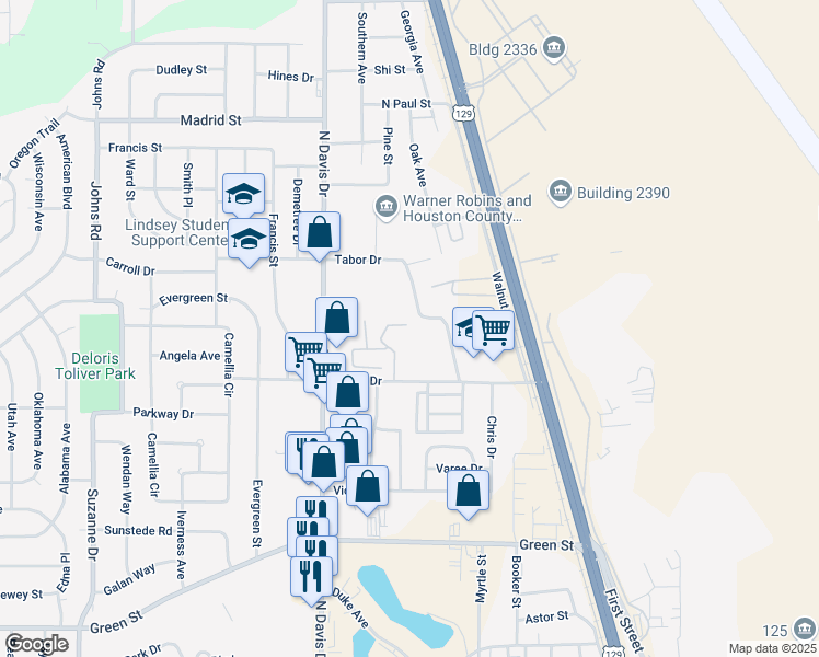 map of restaurants, bars, coffee shops, grocery stores, and more near 135 Ignico Drive in Warner Robins