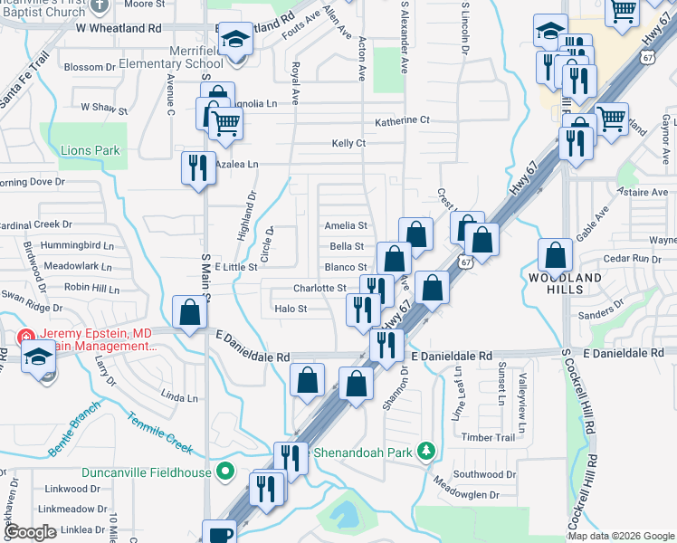 map of restaurants, bars, coffee shops, grocery stores, and more near 422 Charlotte Street in Duncanville