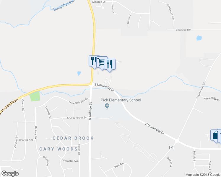 map of restaurants, bars, coffee shops, grocery stores, and more near 2850 East University Drive in Auburn