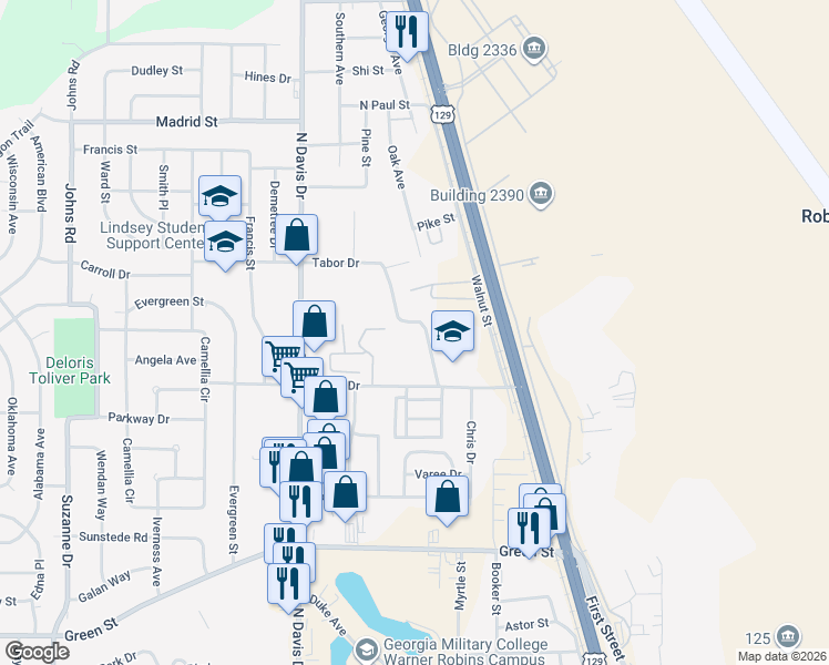 map of restaurants, bars, coffee shops, grocery stores, and more near 220 Tabor Drive in Warner Robins