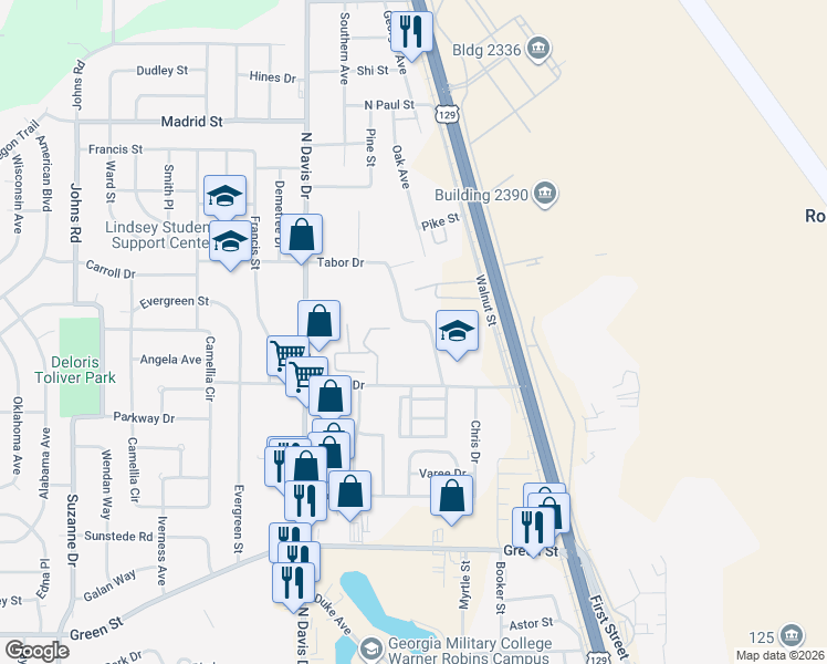 map of restaurants, bars, coffee shops, grocery stores, and more near 220 Tabor Drive in Warner Robins