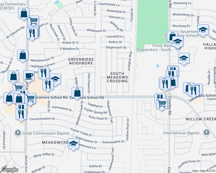 map of restaurants, bars, coffee shops, grocery stores, and more near 2420 Camden Street in Fort Worth