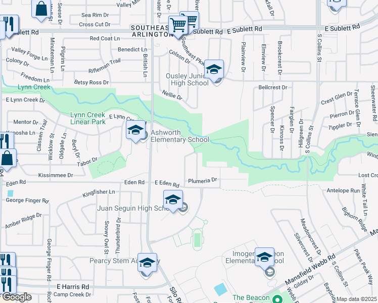 map of restaurants, bars, coffee shops, grocery stores, and more near 807 Buttercup Lane in Arlington