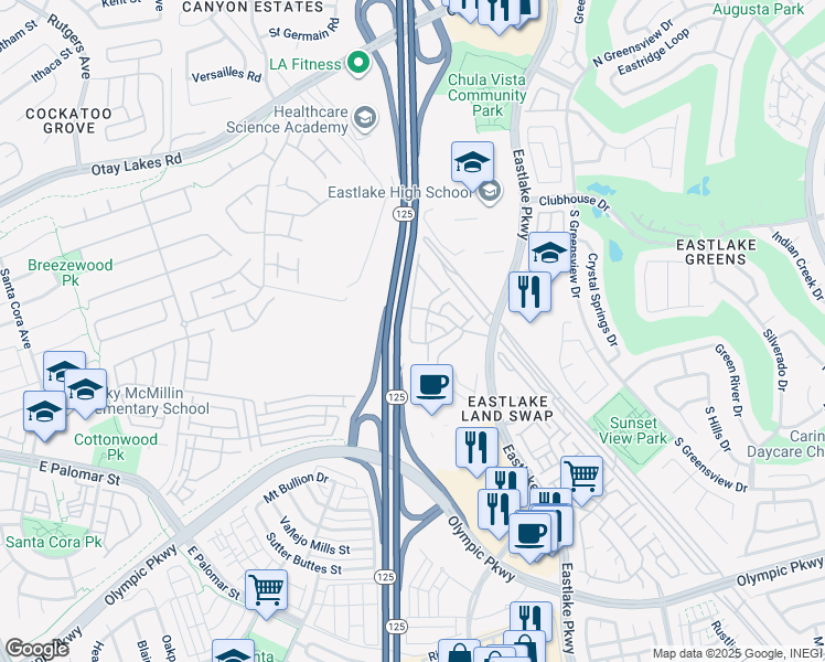 map of restaurants, bars, coffee shops, grocery stores, and more near 2026 Azure Cove in Chula Vista