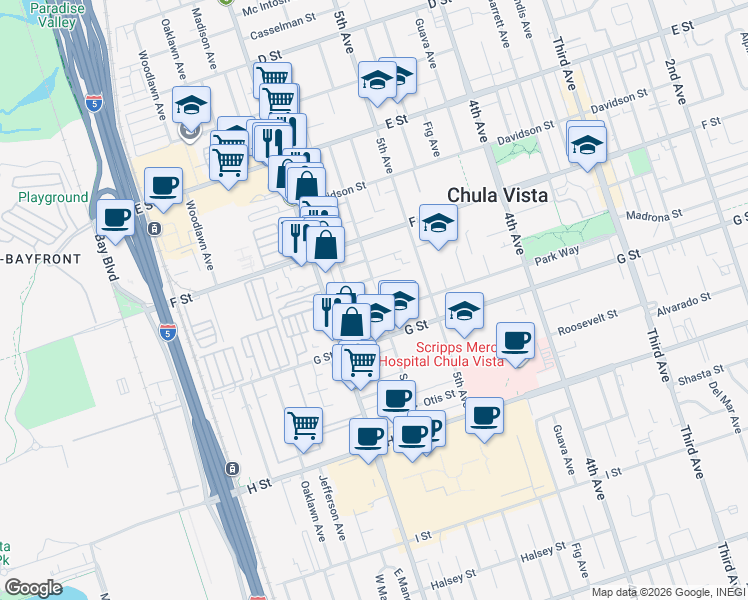 map of restaurants, bars, coffee shops, grocery stores, and more near 617-2 Chula Vista Street in Chula Vista
