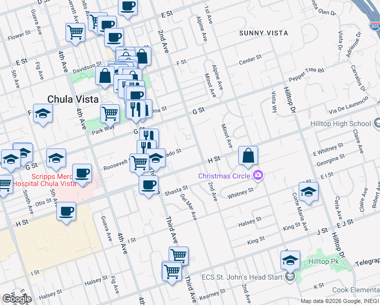 map of restaurants, bars, coffee shops, grocery stores, and more near 447 Del Mar Court in Chula Vista