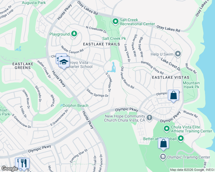 map of restaurants, bars, coffee shops, grocery stores, and more near 1354 South Creekside Drive in Chula Vista