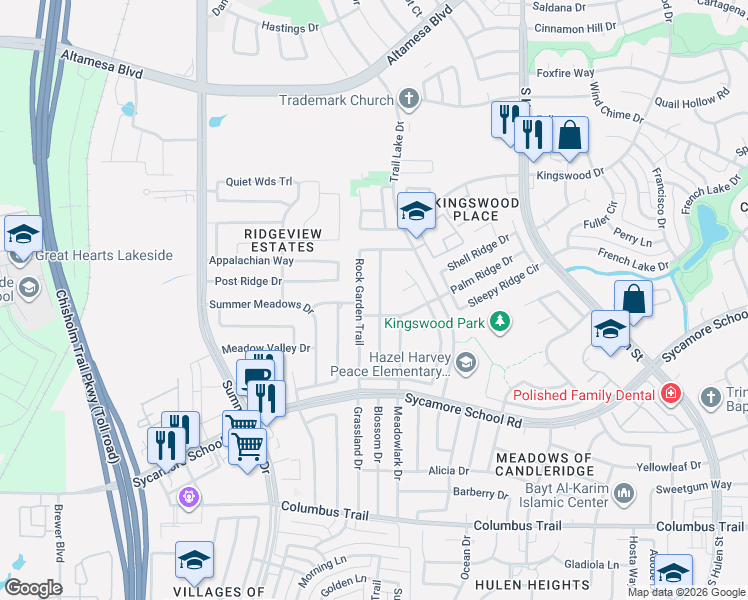 map of restaurants, bars, coffee shops, grocery stores, and more near 7329 Rock Garden Trail in Fort Worth