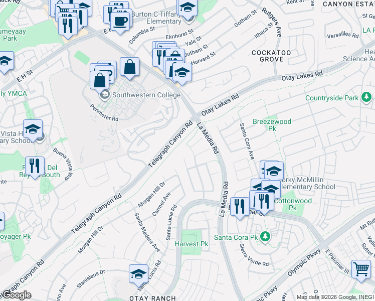 map of restaurants, bars, coffee shops, grocery stores, and more near 1619 Coolsprings Court in Chula Vista
