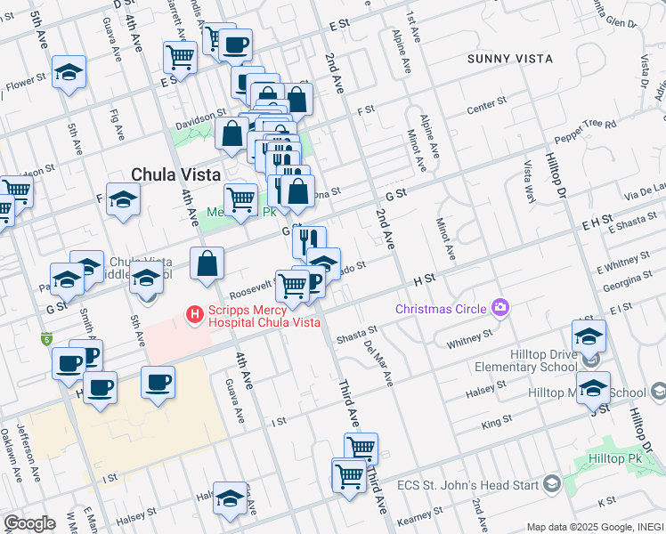 map of restaurants, bars, coffee shops, grocery stores, and more near 435 Church Avenue in Chula Vista
