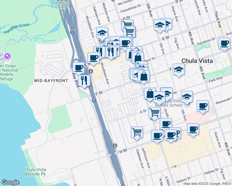 map of restaurants, bars, coffee shops, grocery stores, and more near in Chula Vista