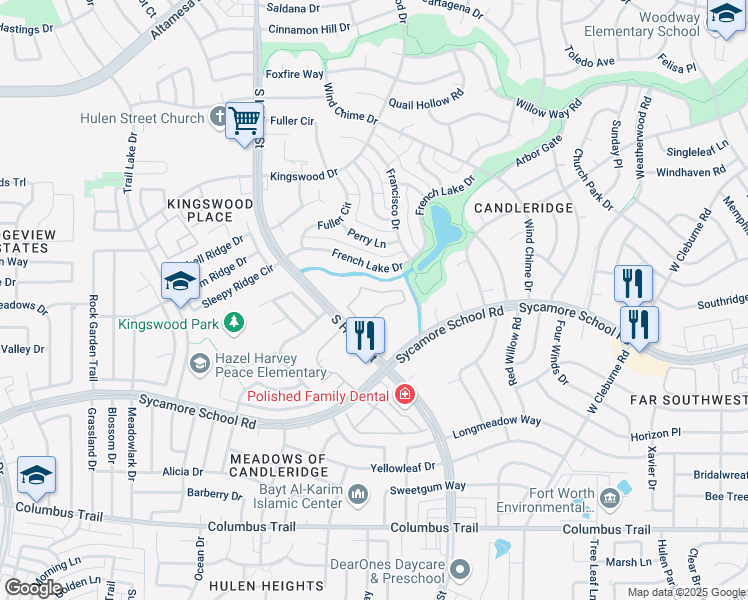 map of restaurants, bars, coffee shops, grocery stores, and more near 7429 Candleridge Circle in Fort Worth