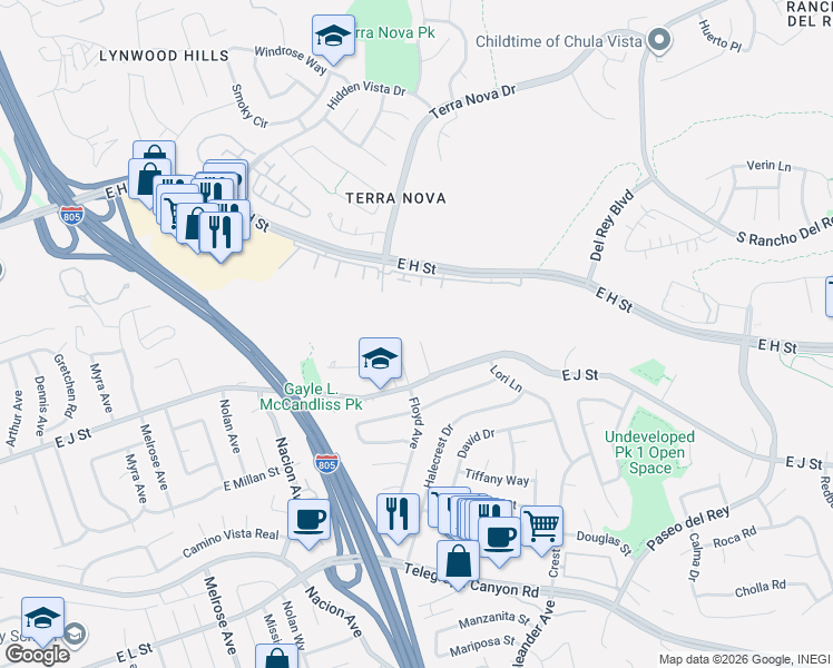 map of restaurants, bars, coffee shops, grocery stores, and more near 661 Gilbert Place in Chula Vista