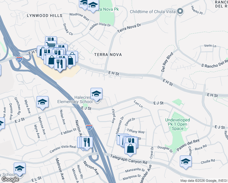 map of restaurants, bars, coffee shops, grocery stores, and more near 661 Gilbert Place in Chula Vista