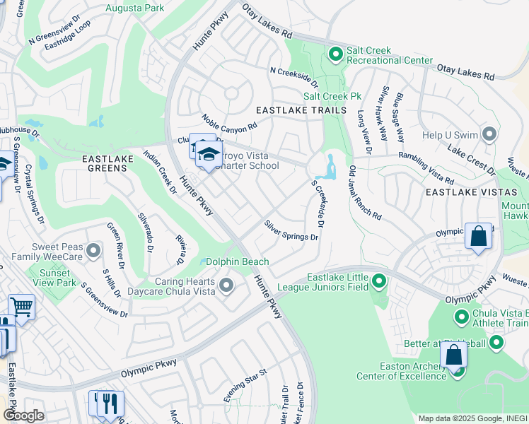 map of restaurants, bars, coffee shops, grocery stores, and more near 2553 Oak Springs Drive in Chula Vista