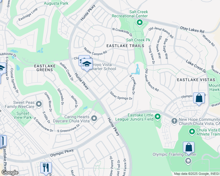 map of restaurants, bars, coffee shops, grocery stores, and more near 2553 Oak Springs Drive in Chula Vista