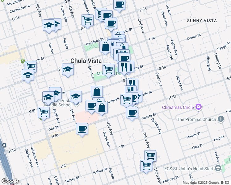 map of restaurants, bars, coffee shops, grocery stores, and more near 347 Roosevelt Street in Chula Vista