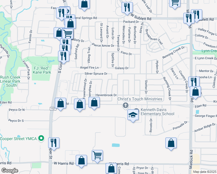 map of restaurants, bars, coffee shops, grocery stores, and more near 6711 Flamewood Drive in Arlington