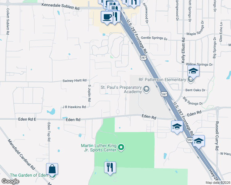 map of restaurants, bars, coffee shops, grocery stores, and more near 5004 Carnoustie Trail in Arlington