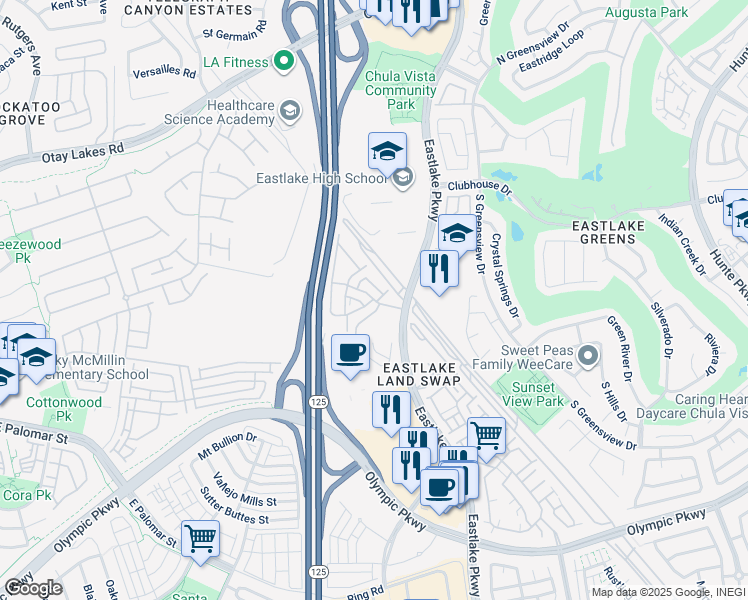 map of restaurants, bars, coffee shops, grocery stores, and more near Trinidad Cove & Azure Cove in Chula Vista