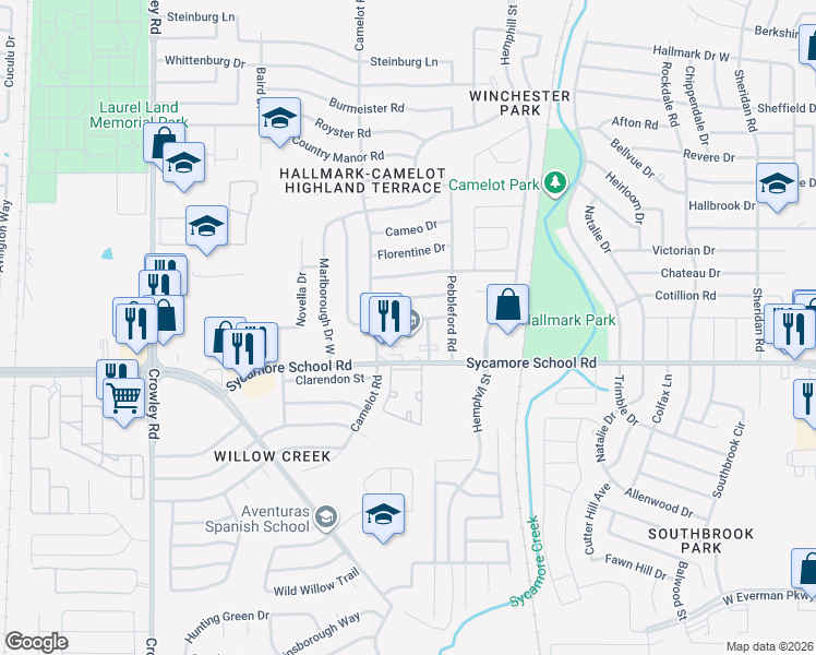 map of restaurants, bars, coffee shops, grocery stores, and more near 1300 Pinehurst Drive West in Fort Worth