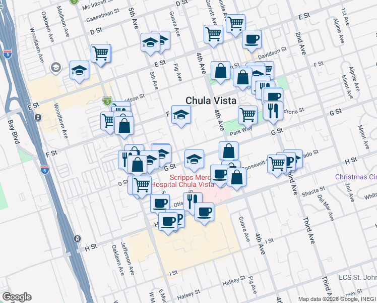 map of restaurants, bars, coffee shops, grocery stores, and more near Park Way in Chula Vista