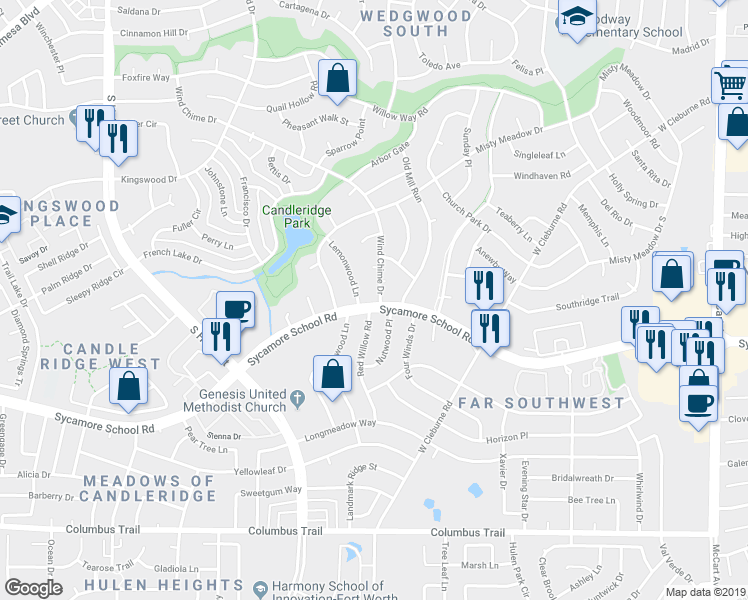 map of restaurants, bars, coffee shops, grocery stores, and more near 7416 Wind Chime Drive in Fort Worth