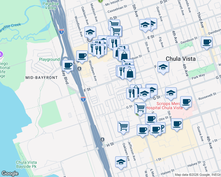 map of restaurants, bars, coffee shops, grocery stores, and more near 617-2 Chula Vista Street in Chula Vista