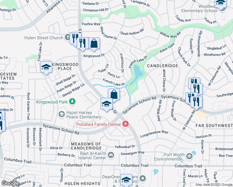 map of restaurants, bars, coffee shops, grocery stores, and more near 7429 Candleridge Circle in Fort Worth