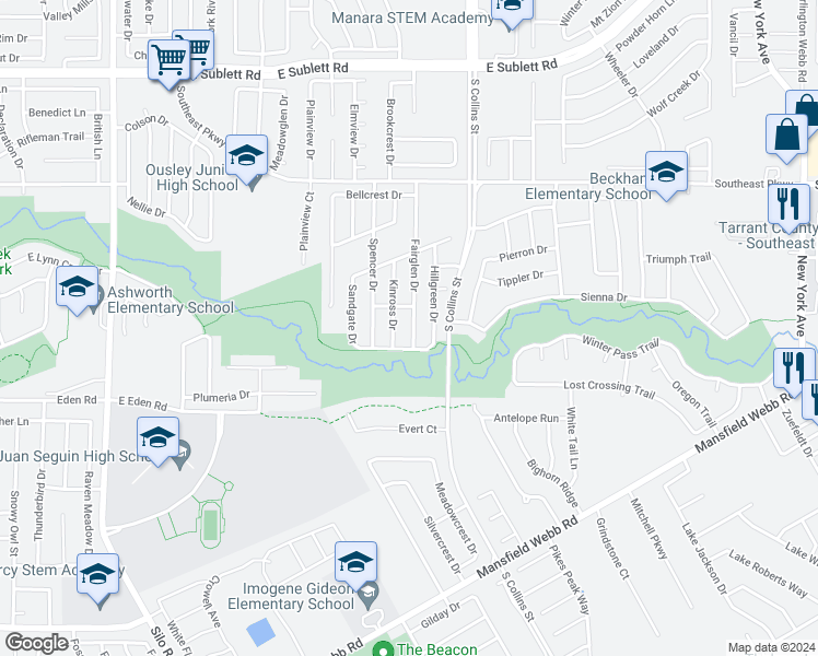 map of restaurants, bars, coffee shops, grocery stores, and more near 6710 Fairglen Drive in Arlington