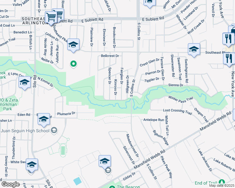map of restaurants, bars, coffee shops, grocery stores, and more near 6700 Fairglen Drive in Arlington