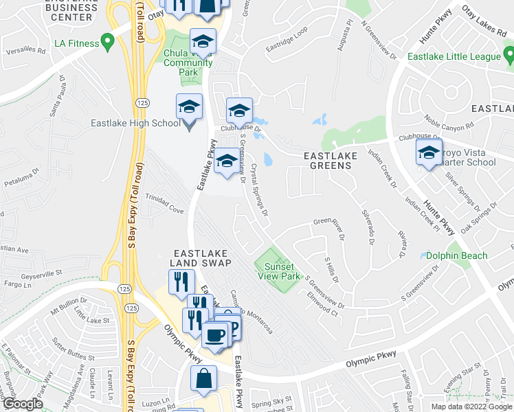 map of restaurants, bars, coffee shops, grocery stores, and more near 1254 Crystal Springs Drive in Chula Vista