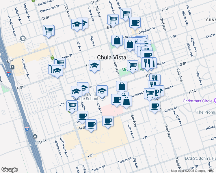 map of restaurants, bars, coffee shops, grocery stores, and more near 426 Park Way in Chula Vista