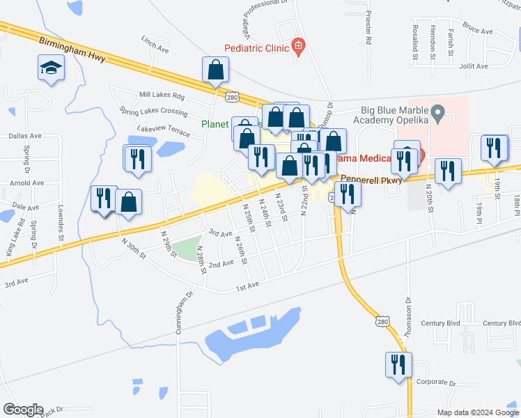 map of restaurants, bars, coffee shops, grocery stores, and more near 306 North 24th Street in Opelika